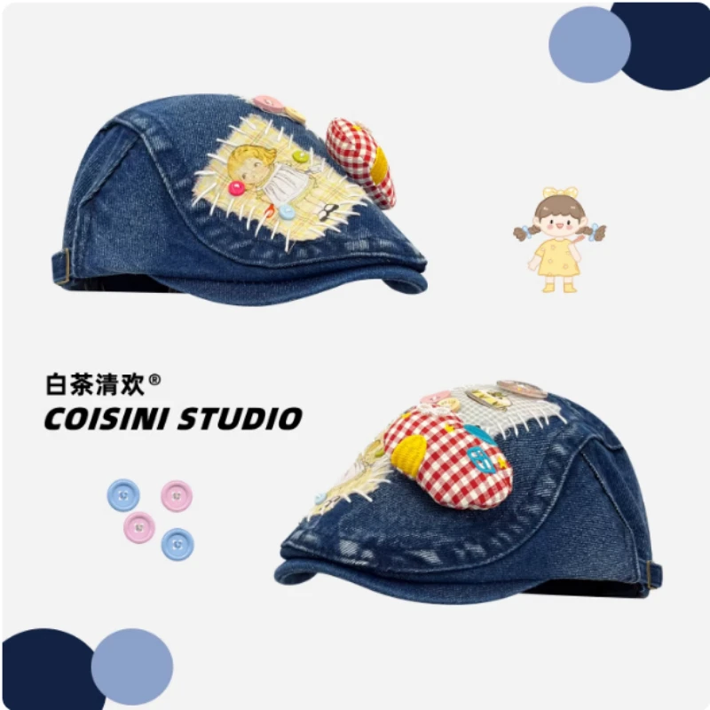 

Японская дизайнерская кепка-бомбер из денима с клетчатыми нашивками, весенне-осенняя, на пуговицах, модная, с коротким козырьком, в стиле художника