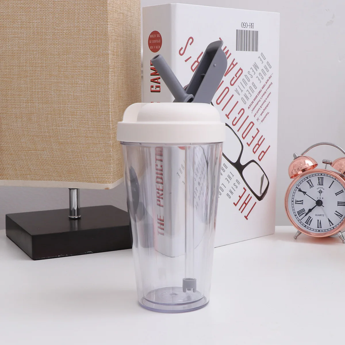 

420Ml Double Layer Plastic Water Bottle Leak Proof Spout Drinking Bottle For Sports Travel Camping Bicycling Running Grey