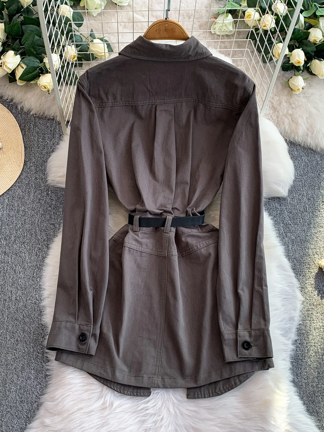 فستان SuperAen على الطراز الكوري بتصميم عتيق وياقة بولو من قماش الدنيم للنساء للخريف والشتاء فساتين قميص بخصر جديد برباط #5