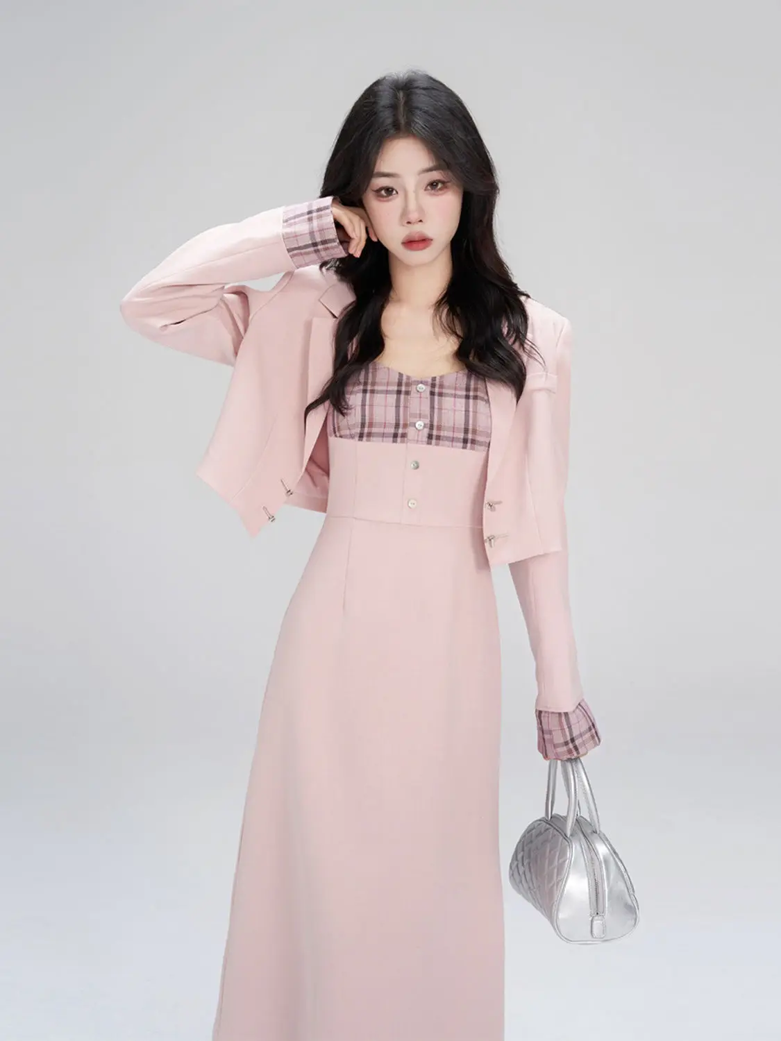 

Korea Dresses Women Temperament Vintage Patchwork Two Piece Set Slim Sexy Long Sleeve Elegant Dress Ladies Chic