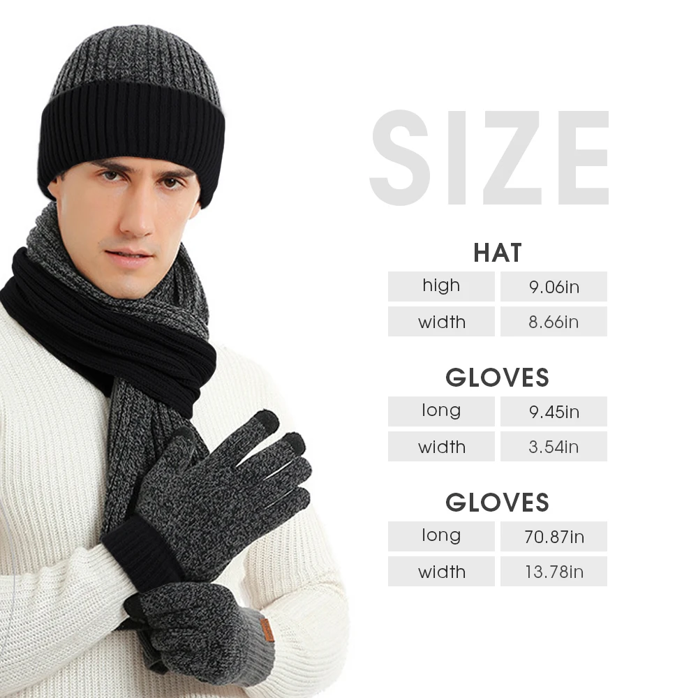 3 Pcs Winter Warm Beanie Hat Long Scarf Touchscreen Gloves Set Windproof Soft Mitten for Men & Women- Black