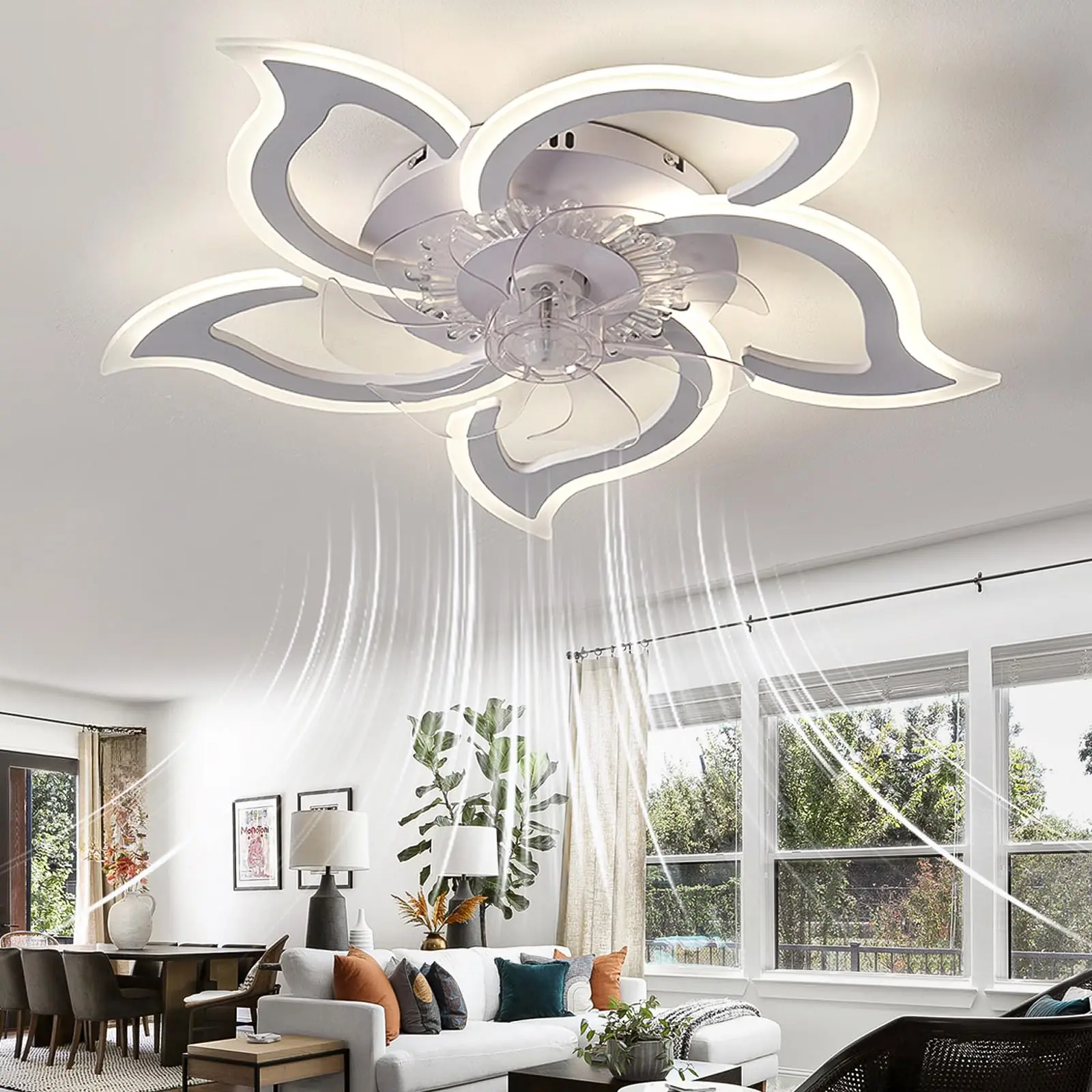 LED Leise Deckenventilator Mit Beleuchtung, Schlafzimmer Deckenleuchte Mit Fernbedienung Und APP, Dimmbare Lampe Mit Ventilator