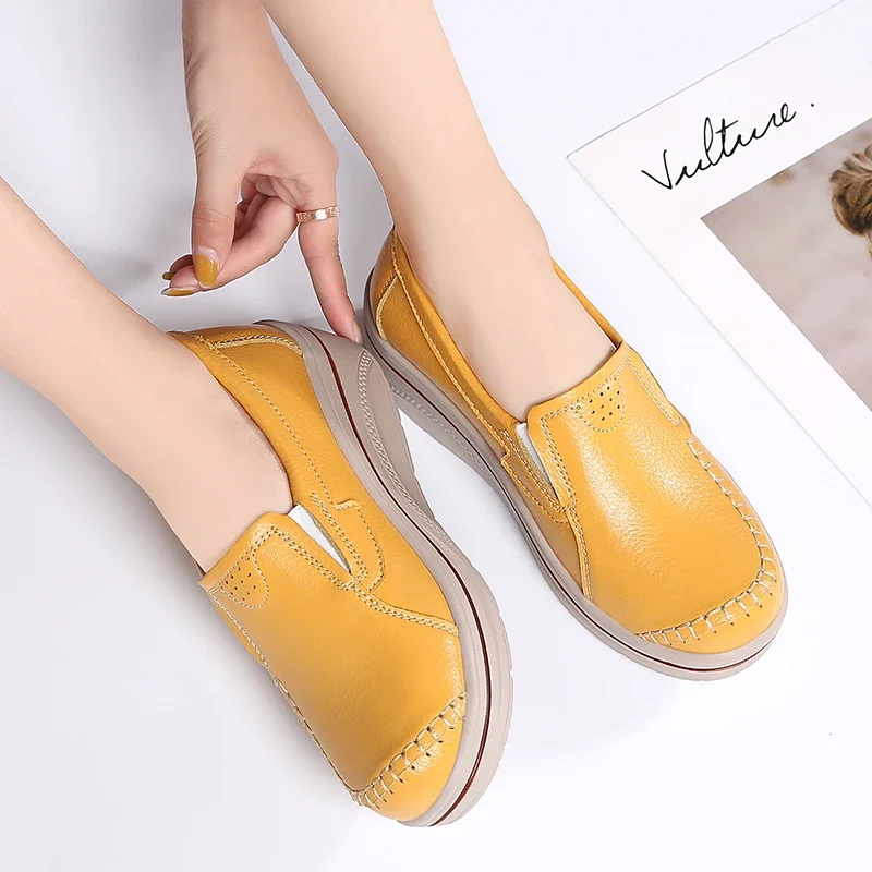 Genuine Leather Thick Bottom Casual Sneakers Women Height Increase Waterproof Loafers Ladies Slip-on Moccasins Flatform Wedges