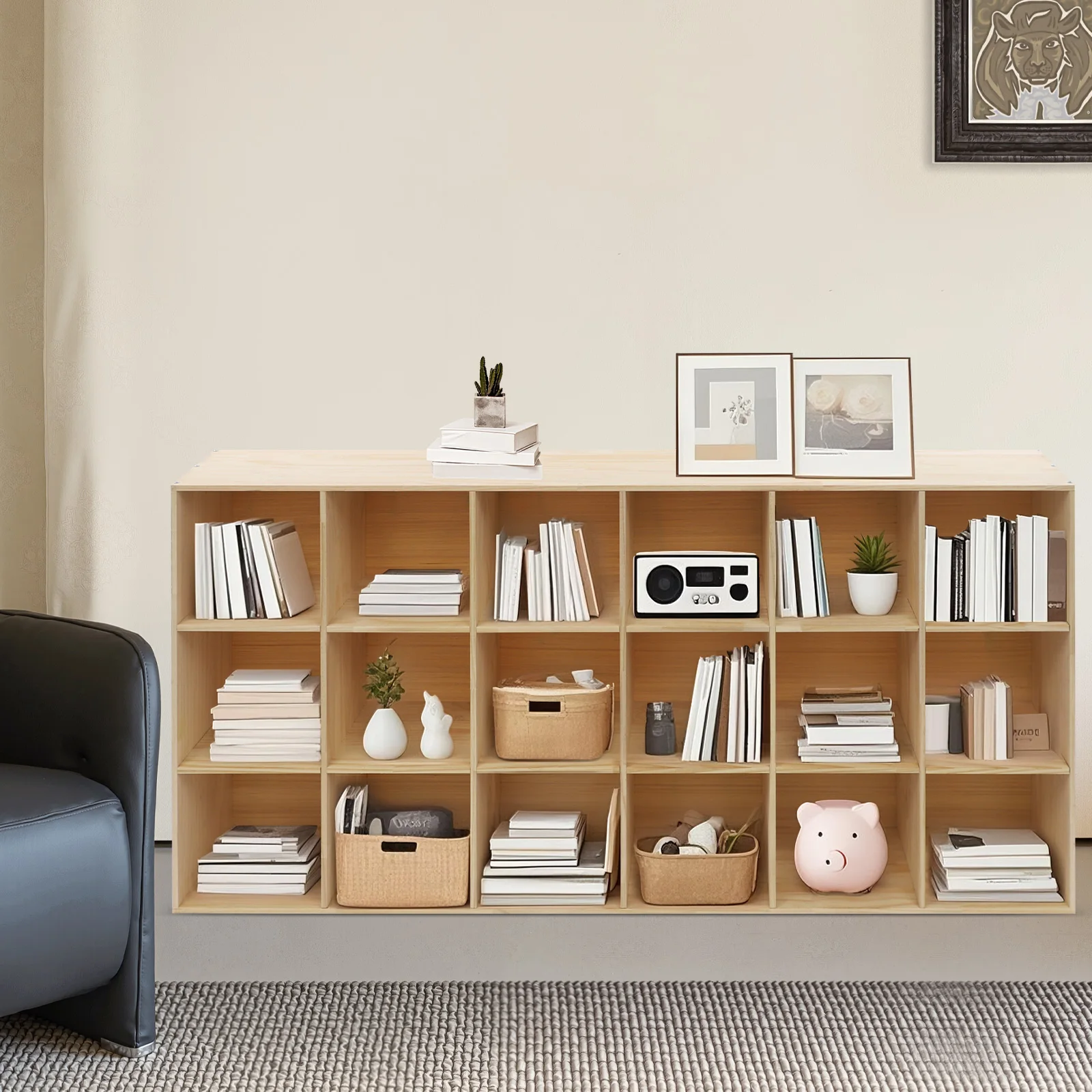 خزانة كتب ذات رف تخزين ملون مكونة من 3 طبقات، خزانة عرض مثبتة على الأرض مع 18 حجرة للمنزل وغرفة المعيشة والمكتب والدراسة