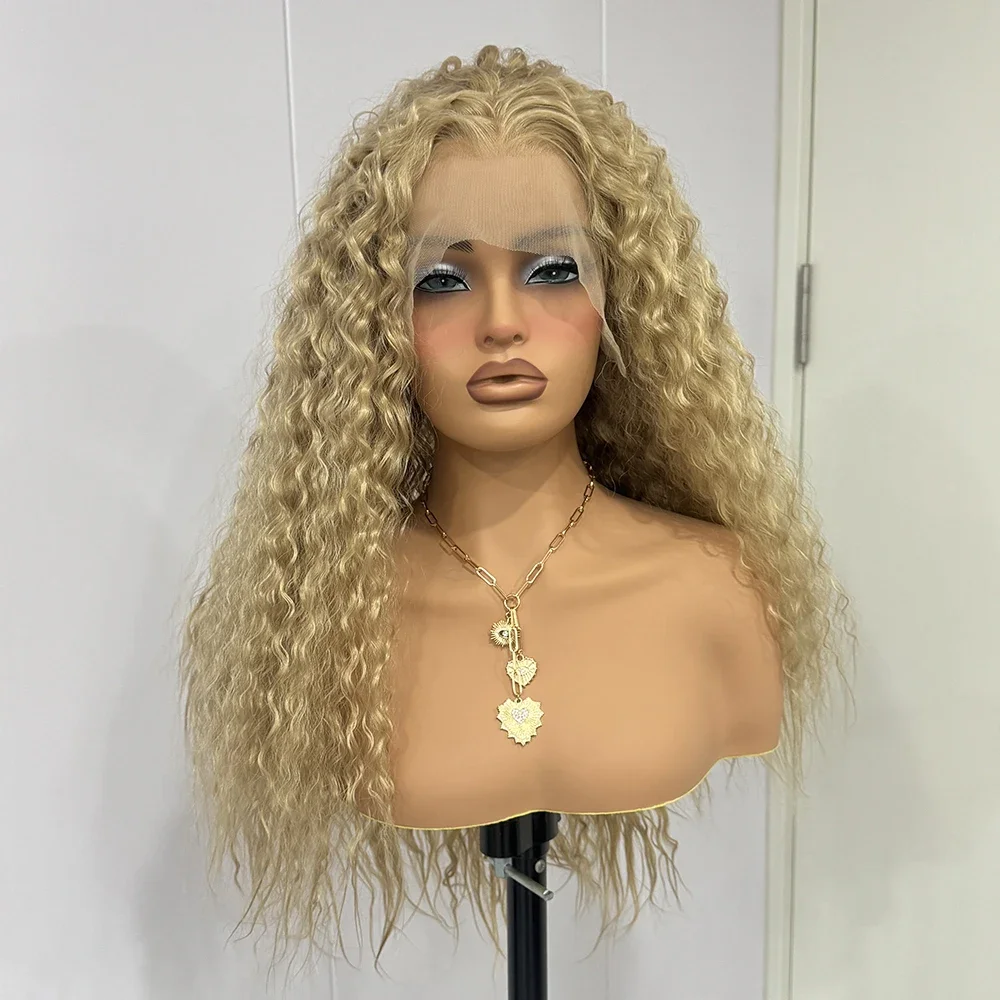 

26-дюймовый парик из синтетического волокна, 180% плотности, без клея, длинный, медово-блонд (613), кудрявый, с кружевной передней частью 13*4*1, с эффектом baby hair, предварительно выщипанный, для повседневного использования.