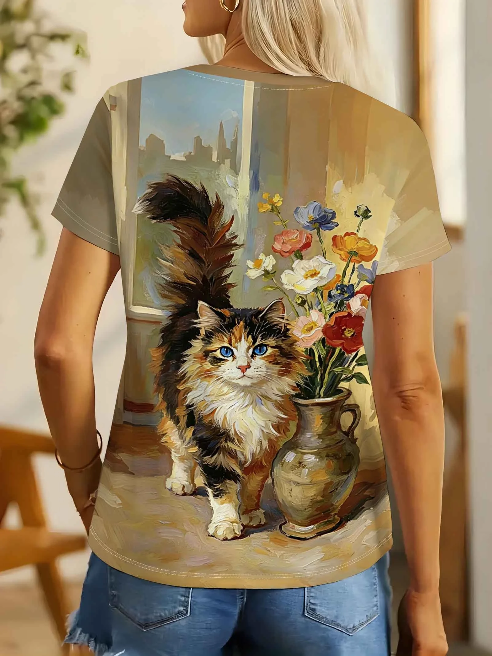 Women Oil Painting Calico Cat Vase Colorful Flowers Print T‑Shirt Short Sleeve Crew Neck Casual Loose Summer Tops