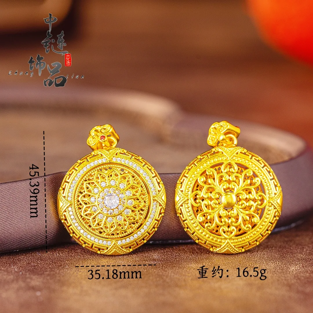 Diamond-set compass pendant with rotating rose window new Chinese sunflower 9999gold