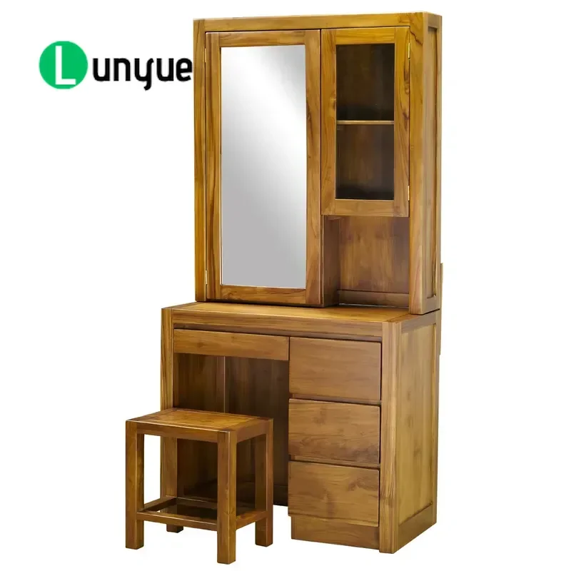 Modern Minimalist Solid Wood Teak Bedroom Vanity 2 Doors 4 Drawers Removable Mirror Sustainable Durable Makeup Dressing Table