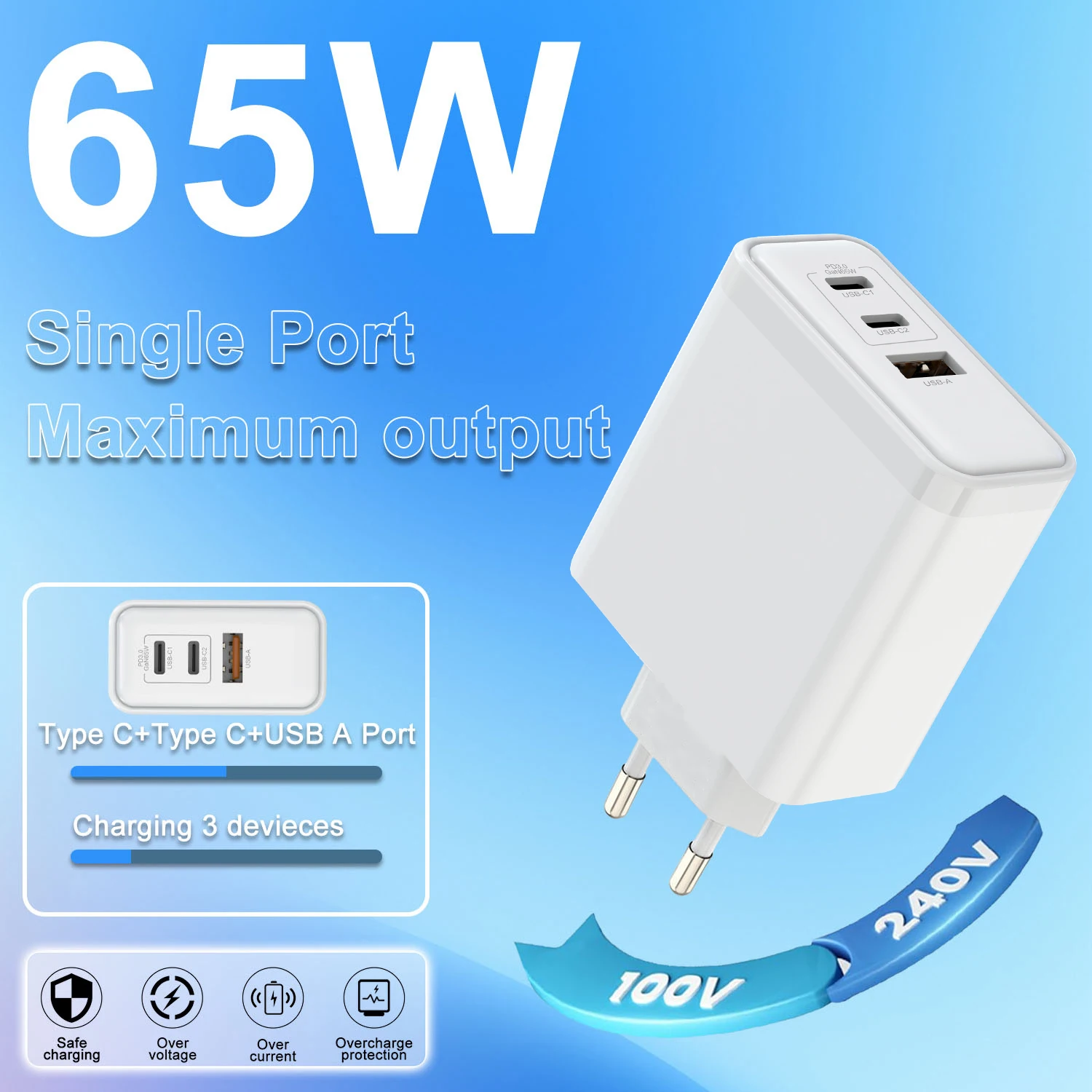

Компактное настенное зарядное устройство USB-C мощностью 65 Вт, двухпортовое зарядное устройство GaN для быстрой зарядки (USB A&Type-C) для Android QC3.0 + зарядное устройство PD для IPhone 15