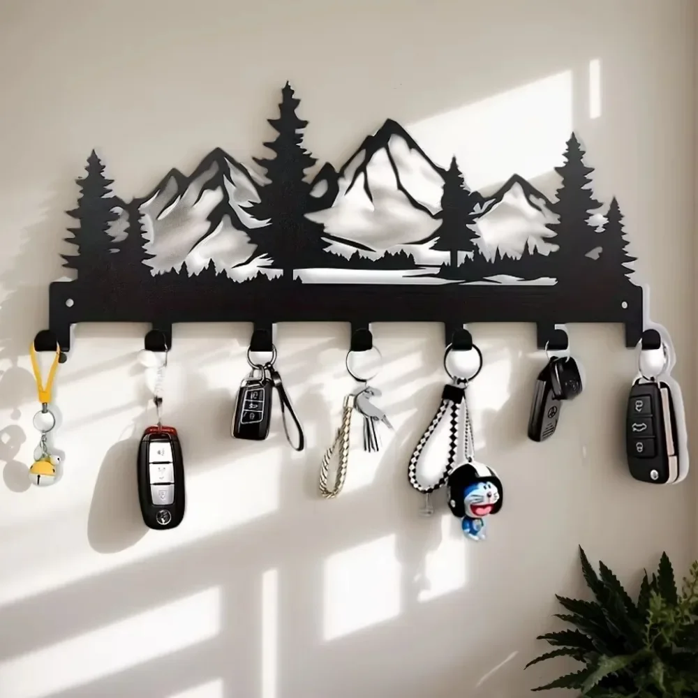CIFBUY Mountain Pine Tree Metal Key Holder Wall Mount Key Rack Forest Silhouette Key Hook Organizer for Entryway Home Wall Decor