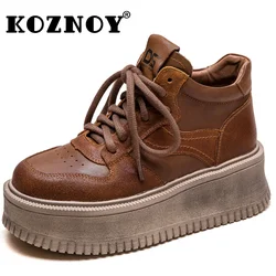 Koznoy 5.5cm Suede Genuine Leather Comfy Ankle Boots Vulcanize Women Chunky Sneaker Spring Autumn Platform Wedge Loafer Shoes