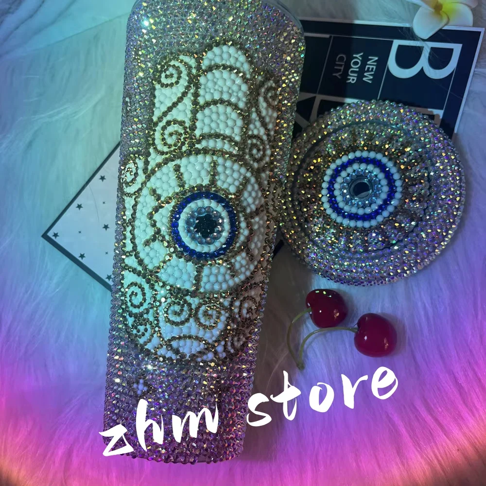 

Bling Evil Eye Tumbler Customized Name AB Rhinestone Straw Water Bottle 24oz Turkish Eye Thermos Bottles Coffee Mug