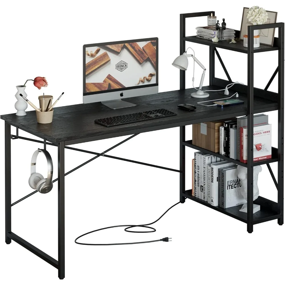 

Computer desk, with power socket and storage rack, learning desk charging station with USB port