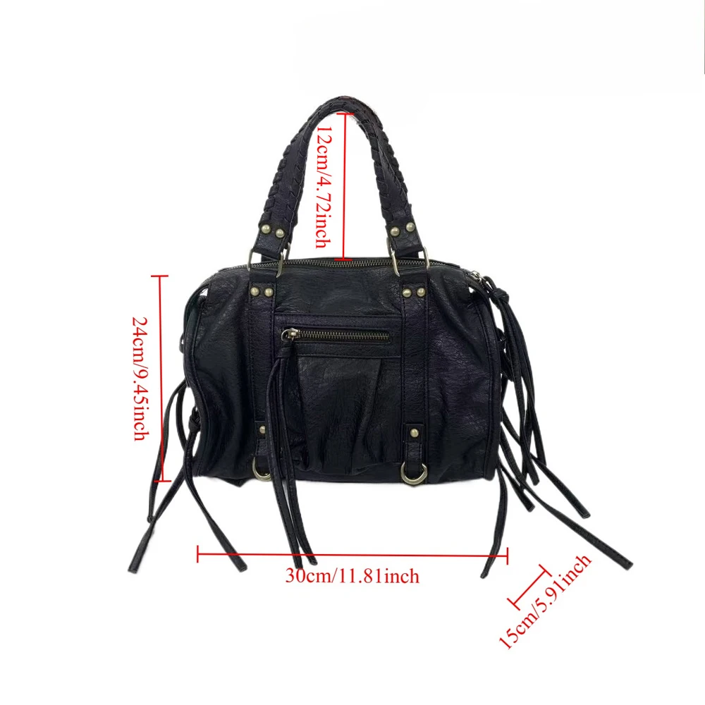 SHELKSBAG Women Vintage Washed Soft Leather Motorcycle Bag Y2K Fringe Antique Rivet Handbag Multiway Shoulder Crossbody Bag