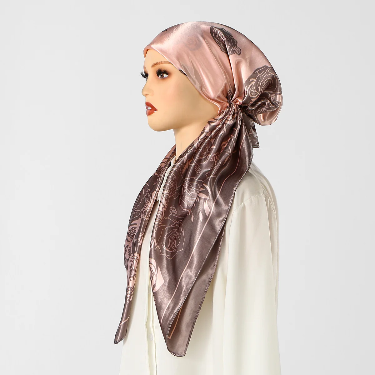 Satin Silk Print Instant Hijab Premium Rose Printed Hijabs Cap For Women Muslim Elastic Headscarf Hat Ramadan Turban Eid scarf