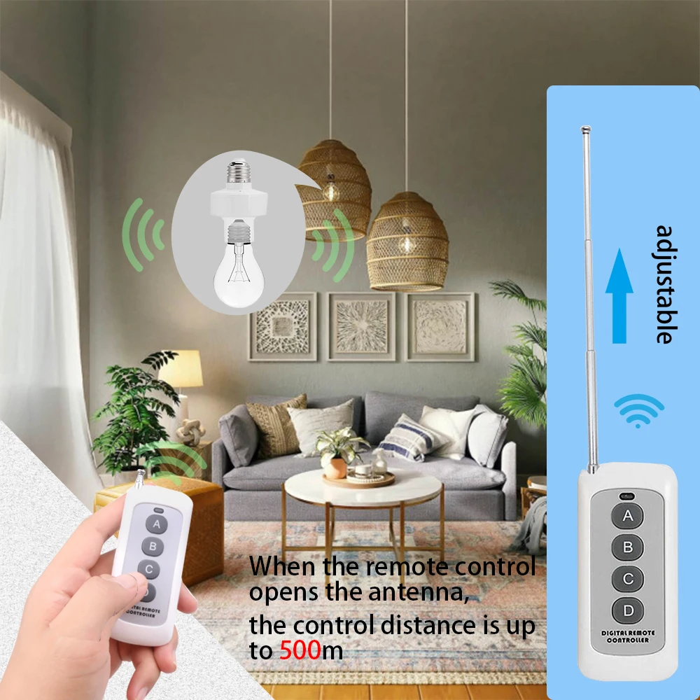 E27 Socket Base Smart Lamp Holder AC 110V 220V Light Switch RF 433MHz Wireless Remote Control transmit 500m 500W for Bulb