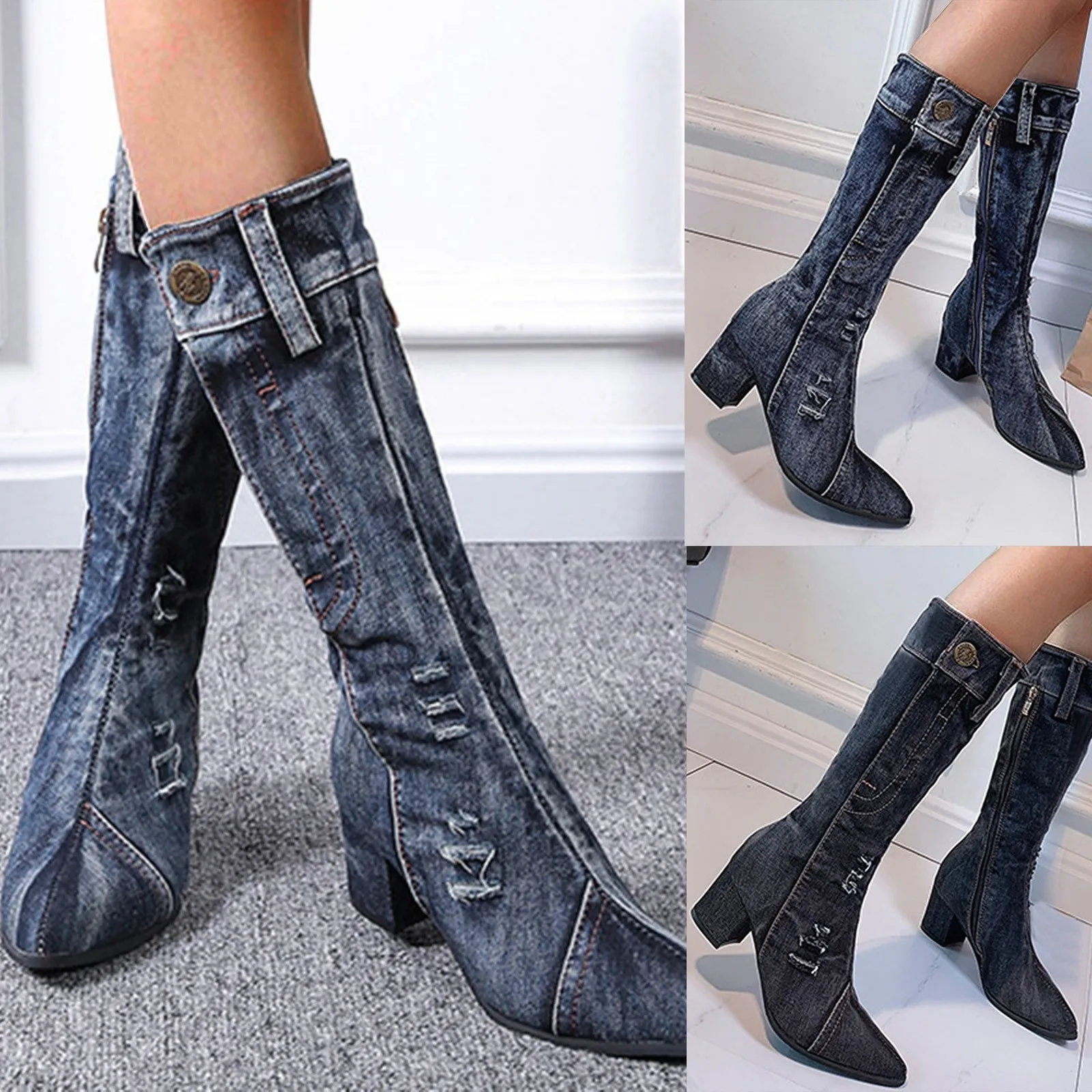 Women's High Fashion Boots Zipper Short Chunky Retro Breathable denim Shoes Heels Female Platform Heel booties for women