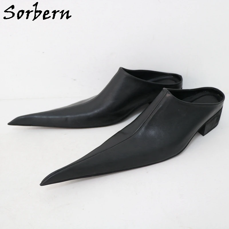 Sorbern Low Squre Heel Women Pump Mules Long Pointed Toes Slip On Shoes Real Leather Comfortable Shoes Custom Colors