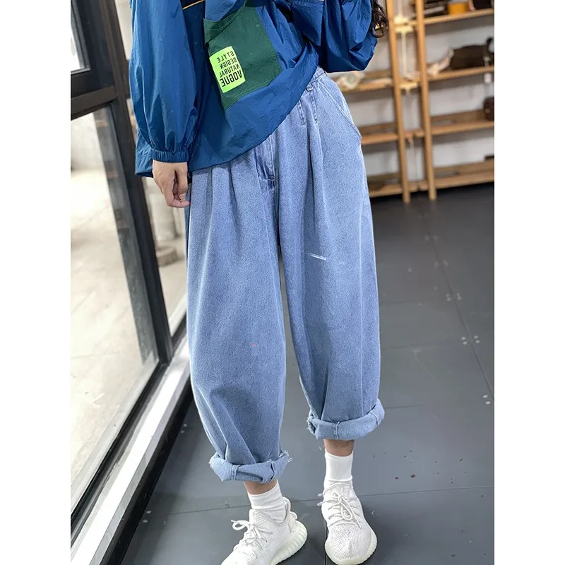 2023 neue Frühling Herbst Frauen elastische Taille lose lässige Baumwolle Denim knöchel lange Hose Vintage blau weites Bein Jeans p286