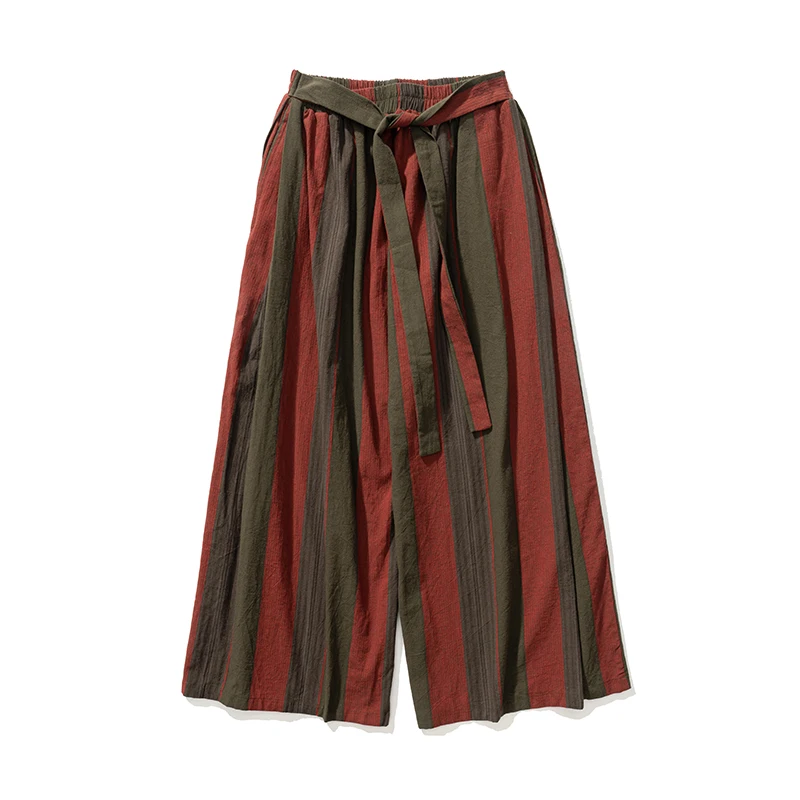 2024 Men Striped Pants Men Wide Leg Cotton Linen Wide-Leg Pants Man Retro Chinese Style Male Casual Nepal Robe Joggers Trousers