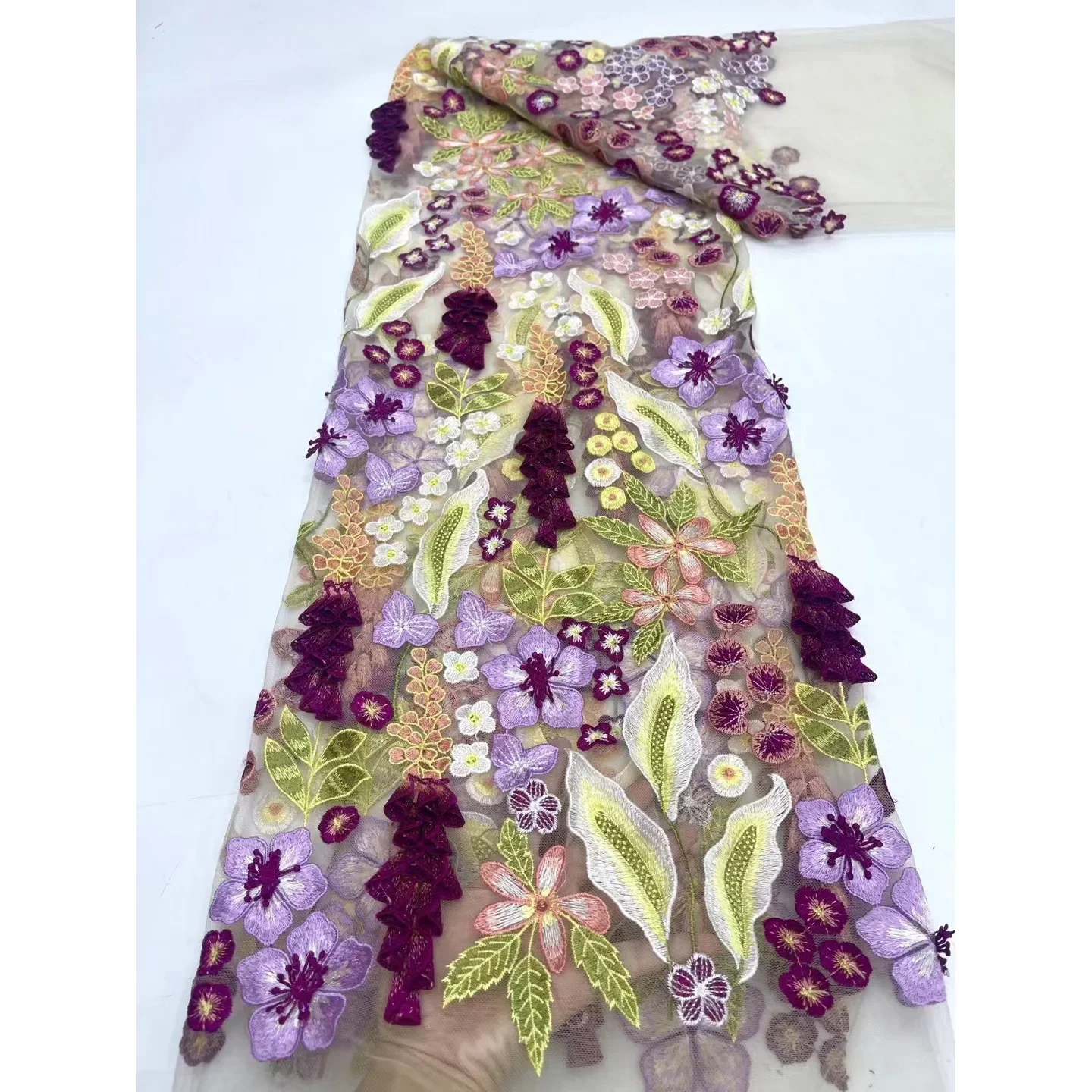 130CM Wide Colorful Three-Dimensional Grape Floral Embroidery Mesh Lace Fabric for Dress Skirt Fashion Bag Accessories R208