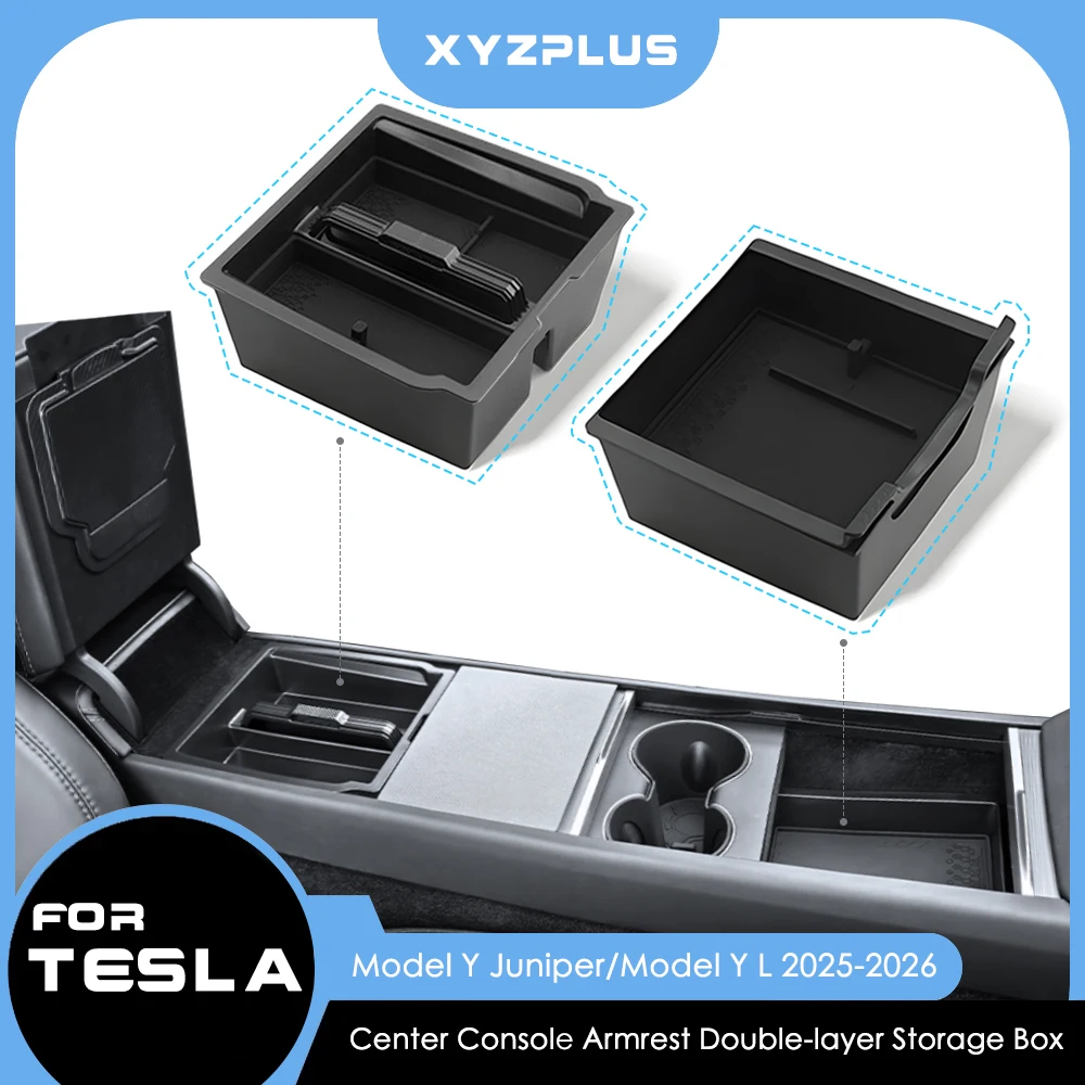 

Для Tesla Model Y Launch Juniper Model Y L 2025 2026: Двухслойный органайзер-бокс для центральной консоли, подлокотник, ABS-пластик