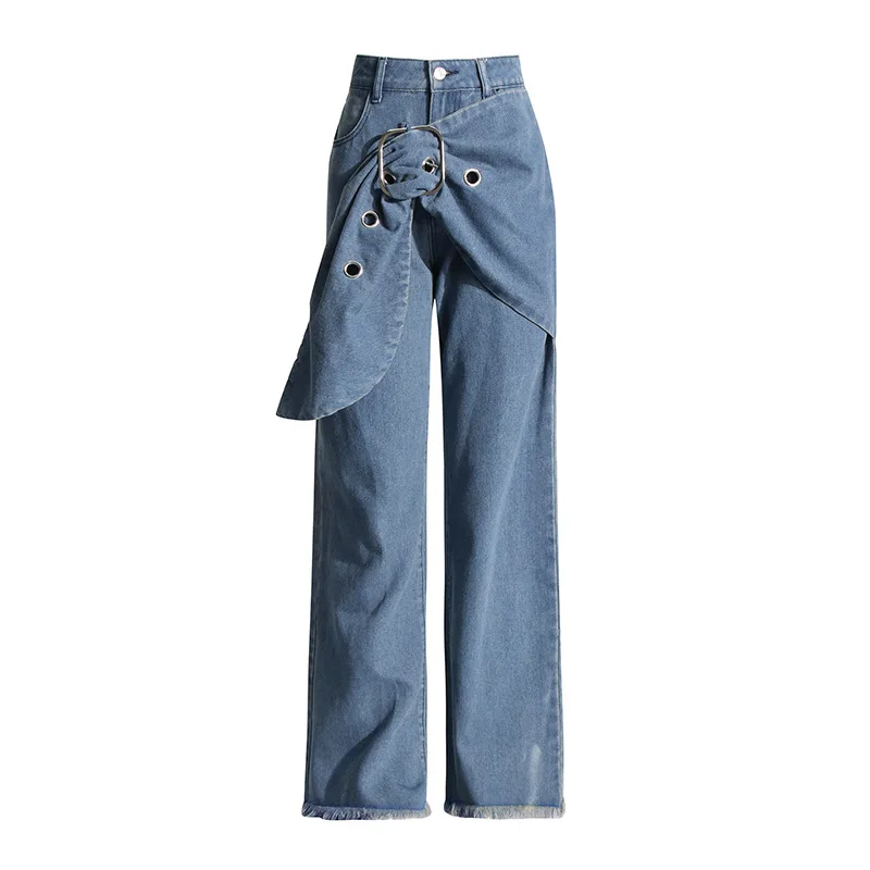 ZAMOR HIGH STREET Women Fashion Distressed High Waist Jeans 2026 New Chic Niche Design Splicing Belt Wide Leg Denim Pants Trouse