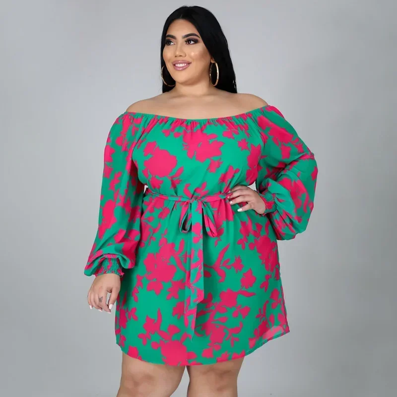 KEXU Spring Women Plus Size Dress Print Loose Strapless Long Sleeve Dresses Sexy Night Club Party Vestidos Fashion Outfit