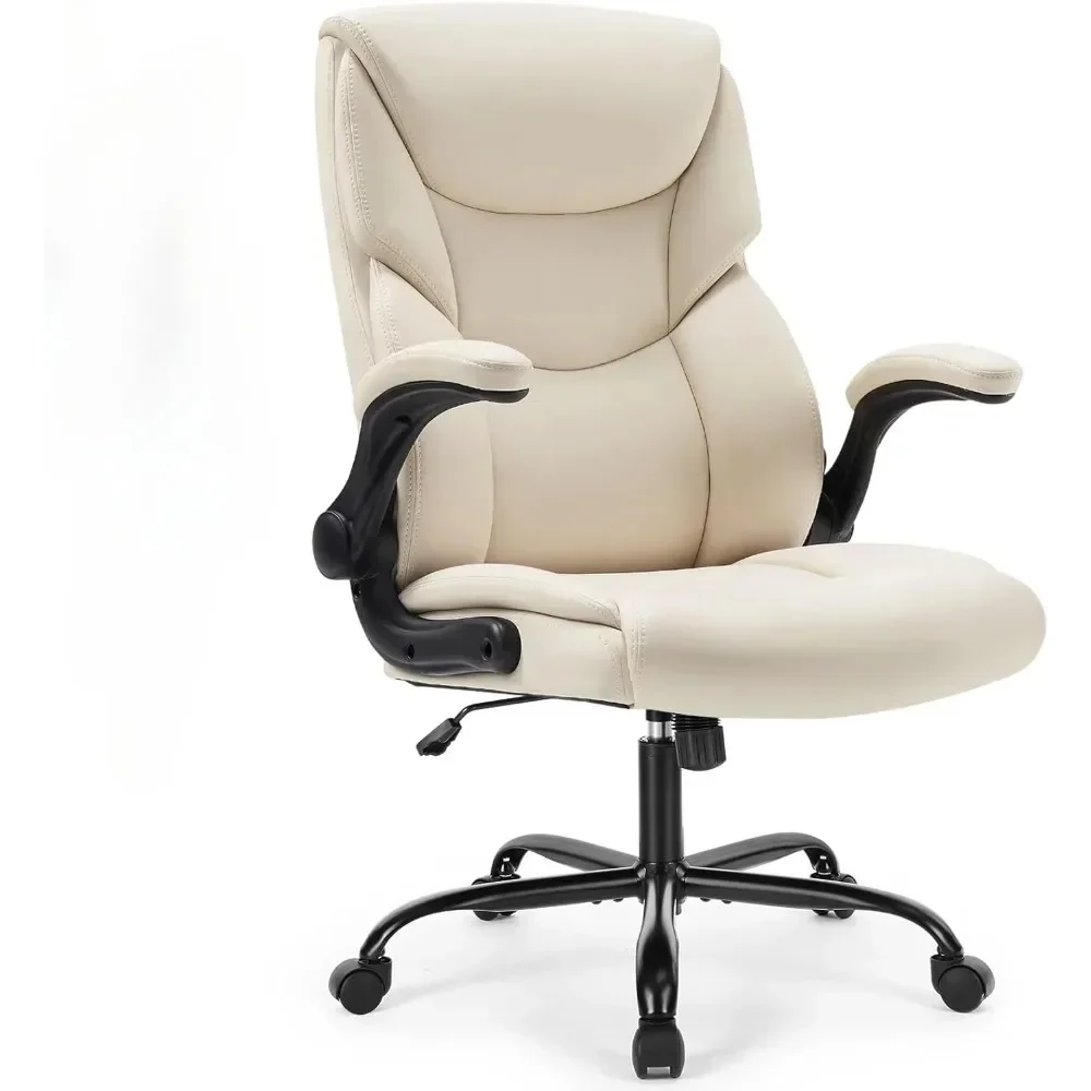 Ergonomic Office Chair High Back Heavy Duty Desk Chair, PU Leather, Adjustable Swivel Rolling Chair On Wheels, Cream Color