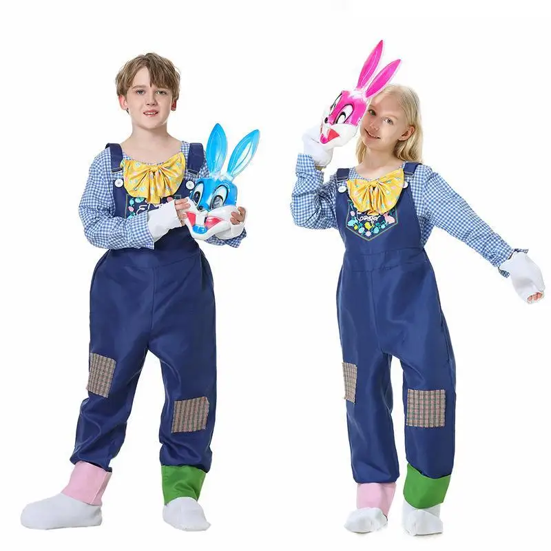 

RE Easter Rave Adult Rabbit Costume Women Men Bunny Mask Top Suspenders Gloves Foot Cartoon Bib Pants Set Family Suit