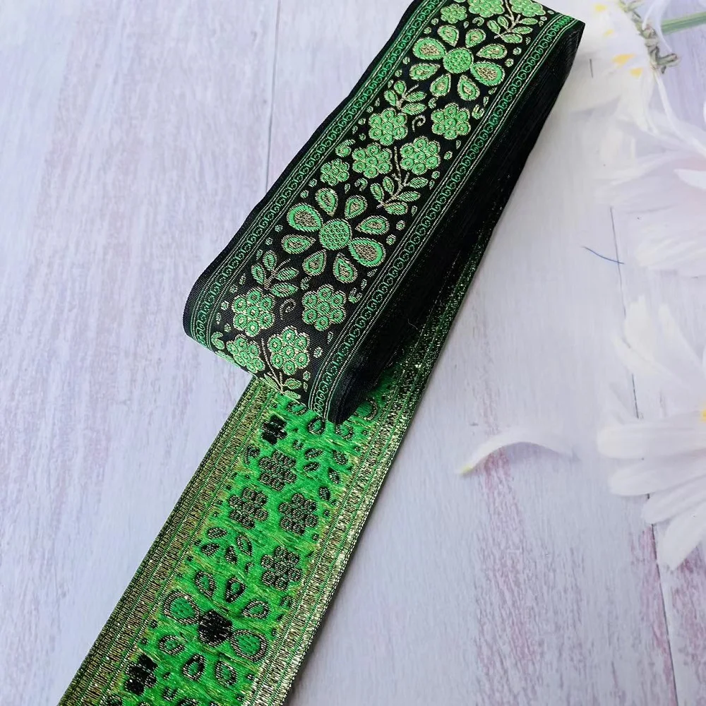 10yards/lots Woven Jacquard Ribbon 5cm  black background green flowers pattern IS-2934
