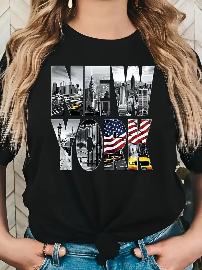 New York Street View Letters American Flag Printed T-shirt Fun Street Retro Women's T-shirt Fashion Casual Summer Top 2024 New