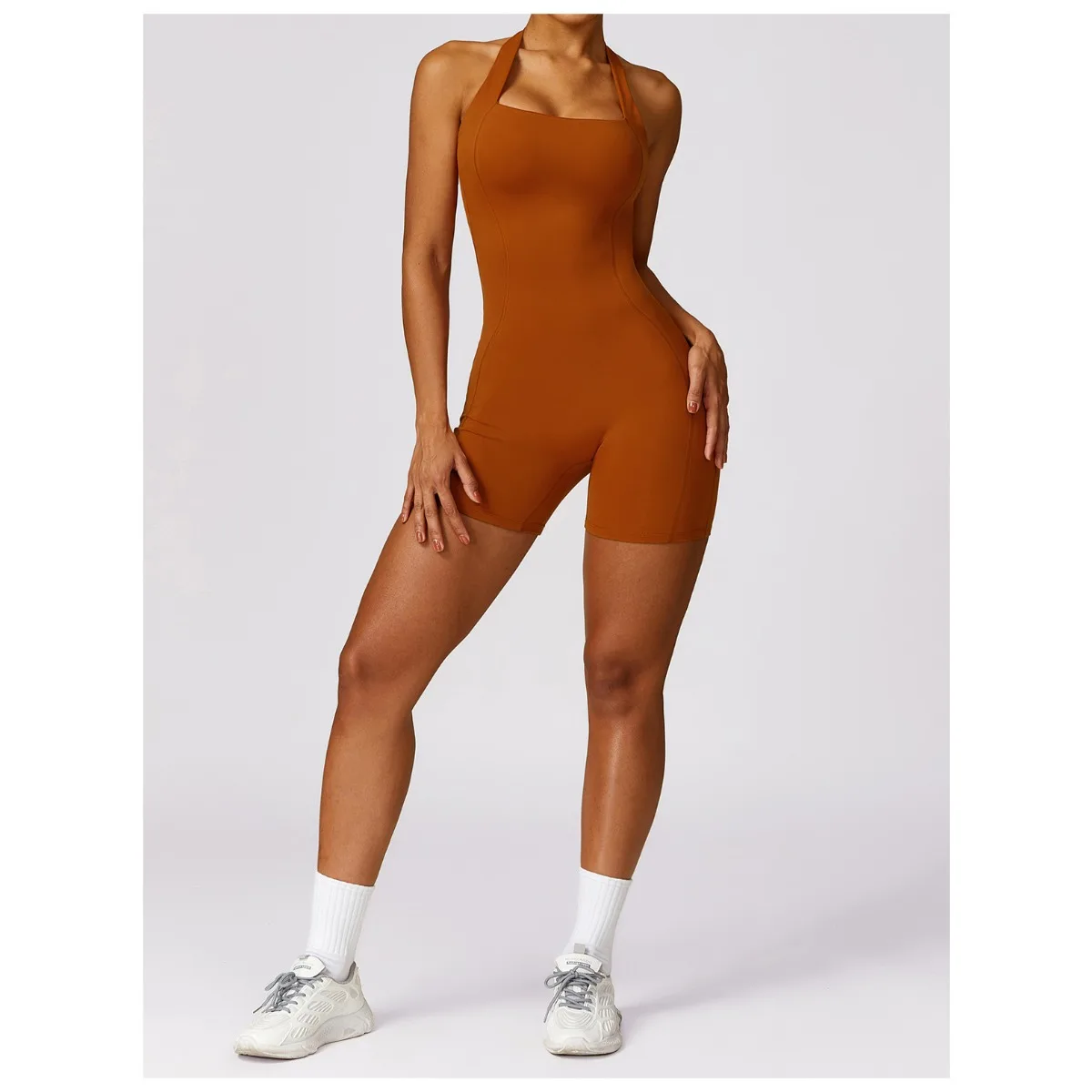 Macacão de treino feminino com pescoço quadrado, Halter acolchoado, sem mangas Slim Fit, One Piece Sport Shorts, Yoga Jumpsuits, Bodycon Bodysuits