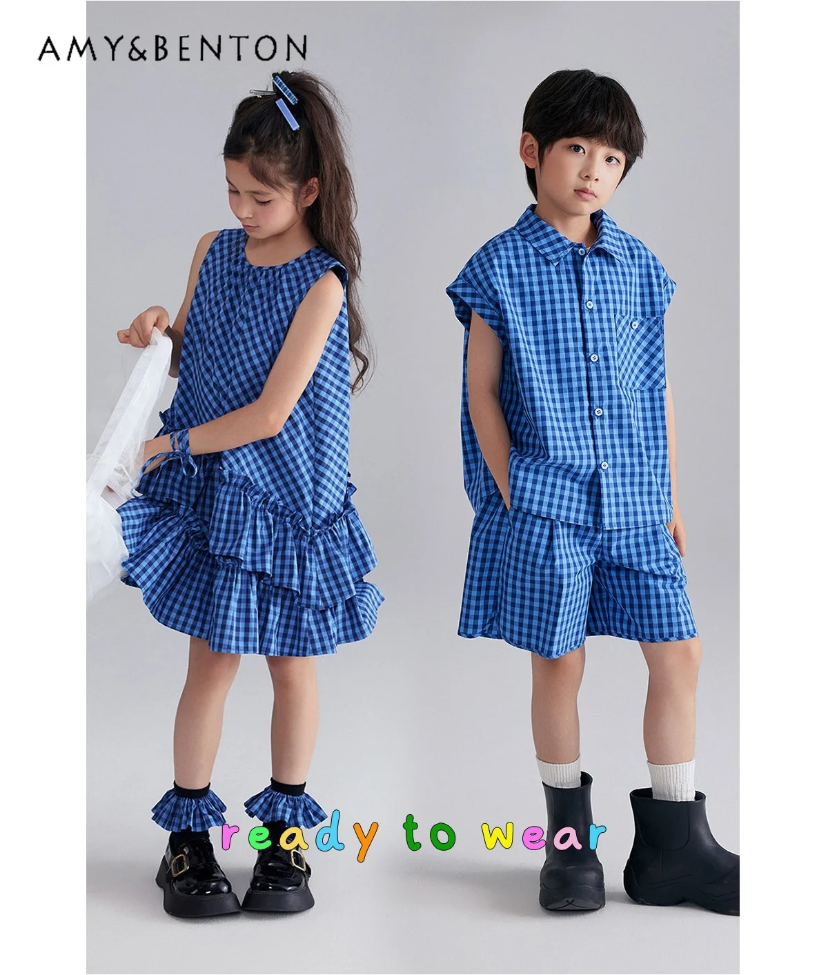 

Kids High End A-grade Pure Cotton Shirt Top Vest and Shorts Dress Set Matching Brother Sister Summer New Blue Plaid Casual Sets