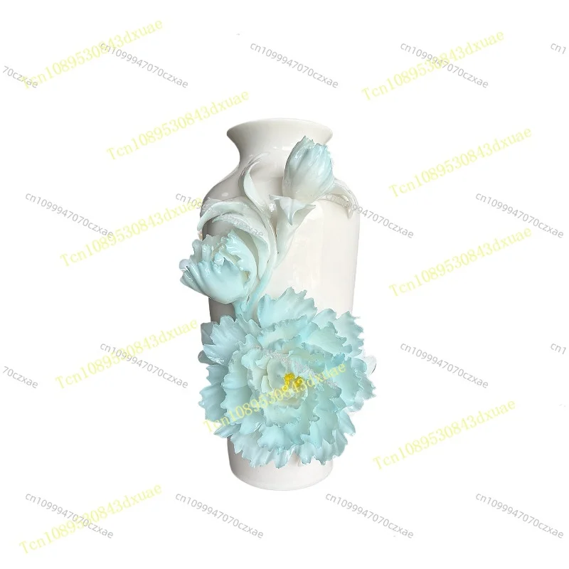 Advanced Sense Intangible Cultural Heritage Hand-squeezed Flower Ice Sea Blue Peony Flower Ceramics