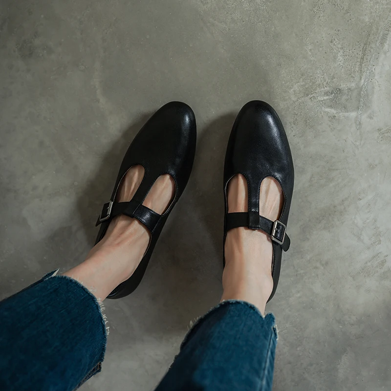2026 new spring autumn women pumps natural leather 22-25cm washed cowhide+pigskin+sheepskin t-buckle women shoes fashion