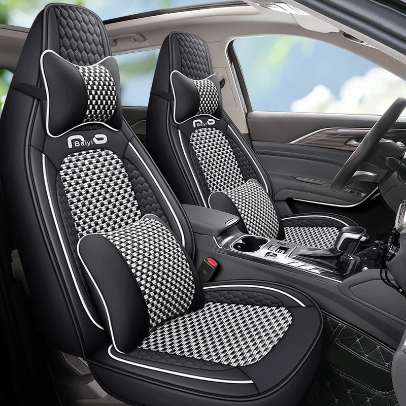 High Back Car Seat Covers- Ice Silk Leather Mesh Design Universal Fit, Airbag Compatible For T-Cross POLO LYNK&CO Cavalier