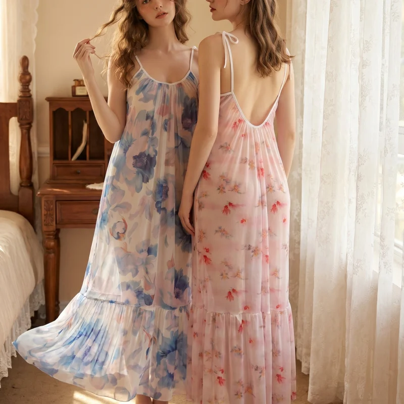 Summer Cool And Breathable Sexy Mesh Printed Long Nightgown With Rich Pastoral Floral Pattern, European Size
