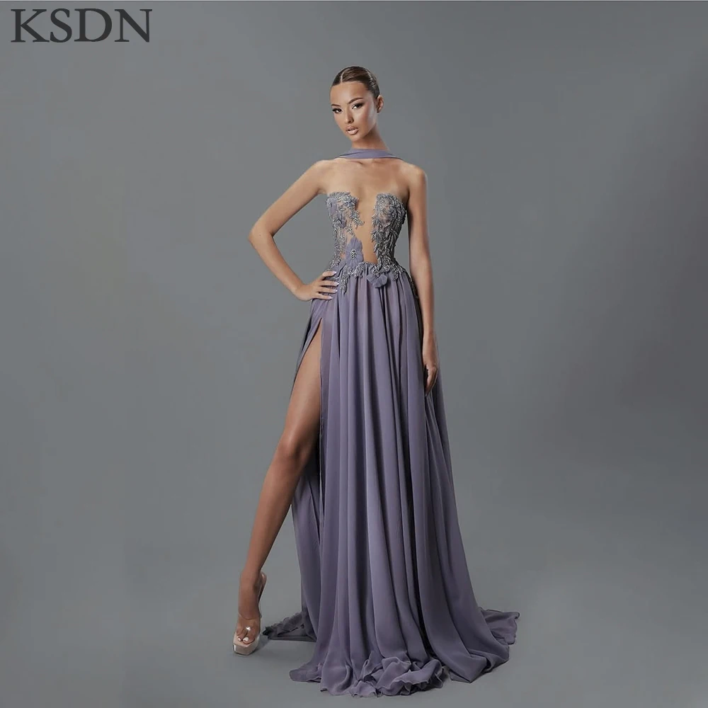 

Sexy Evening Dresses 2025 Formal Strapless Sleeveless Side Split Appliques Gowns Special Occasion Draped Chapel Train Dress 2025