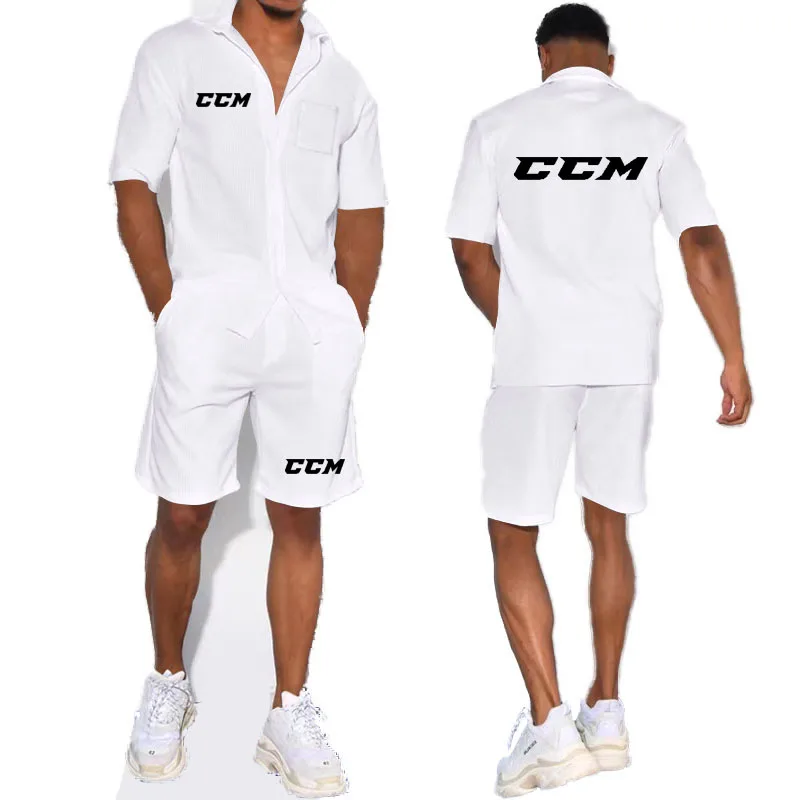 Baru pria T-shirt set fashion kasual sederhana breasted kemeja pria lengan pendek CCM huruf cetak Harajuku musim panas pakaian pria