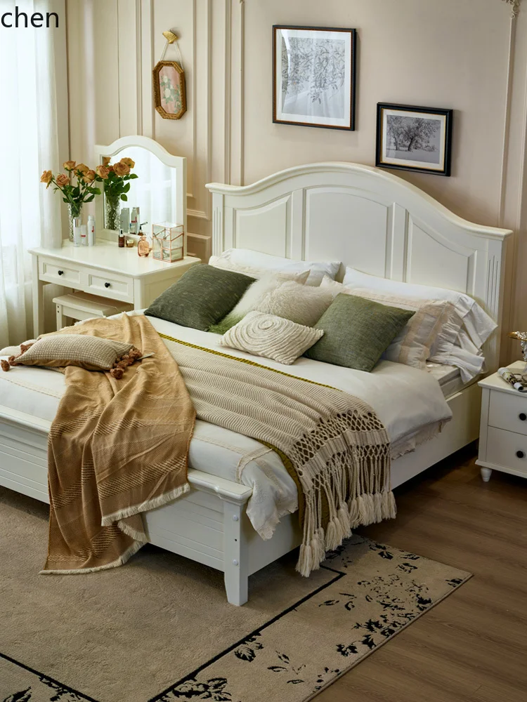 HT Solid Wood Bed Cream Style Modern Simple Princess Single Master Bedroom Double Bed Storage Bed