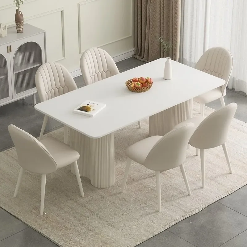 for French Rock Slab Dining Table and Chair Set Cream Style Modern Simple Rectangular White Dining Table for Small Apartment