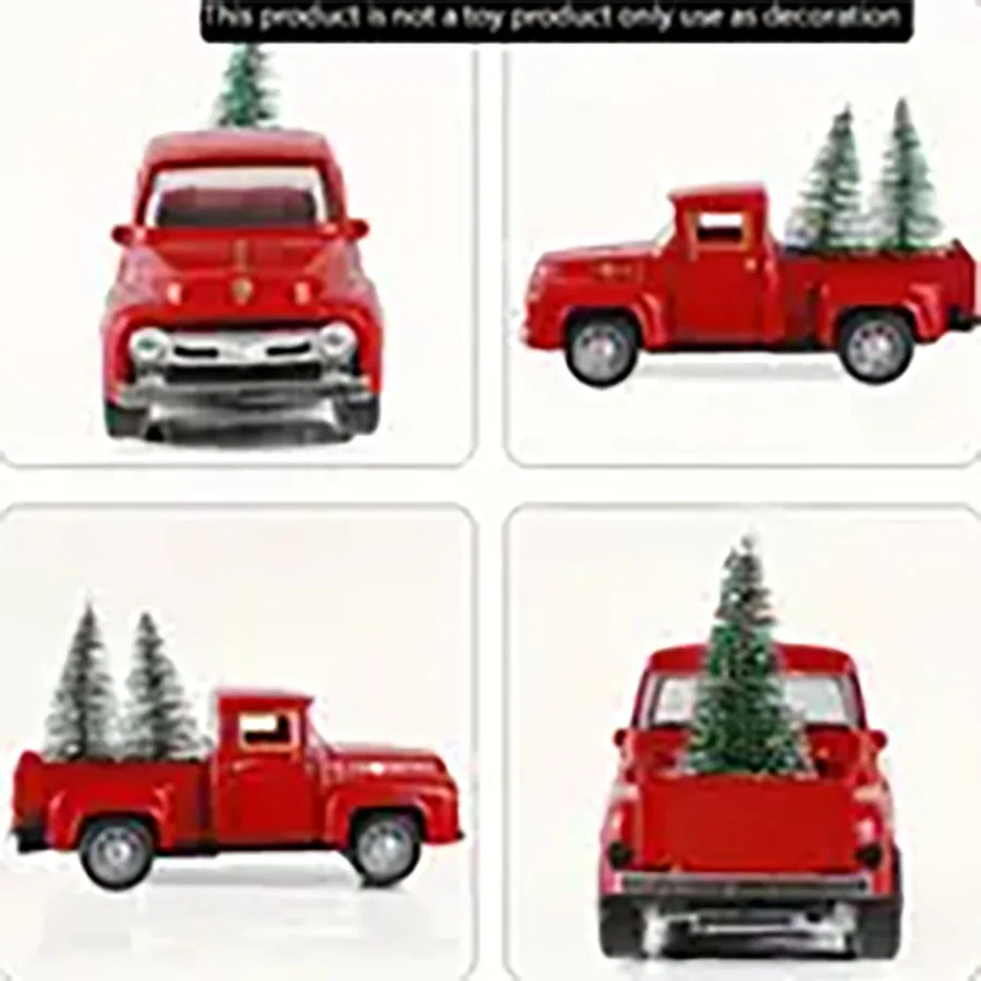 1pc Red Truck Christmas Decor, Vintage Christmas Truck With Mini Christmas Trees For Christmas, Red Metal Pickup Truck Car Model