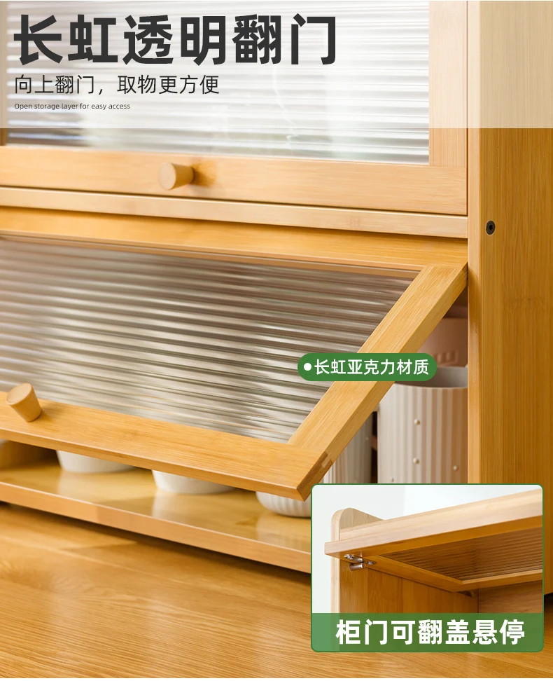 Natural Bamboo Storage Cabinets Dustproof Acrylic Doors Cup Holder Tea Set Display Kitchen Organizer Dining Room