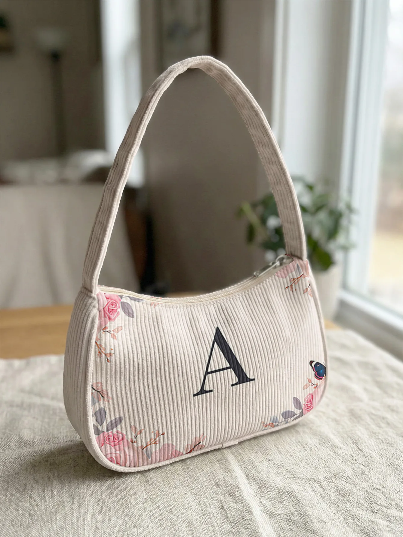 Rose Floral Letter A Print Shoulder Bag, Corduroy Underarm Bag For Daily Casual Use