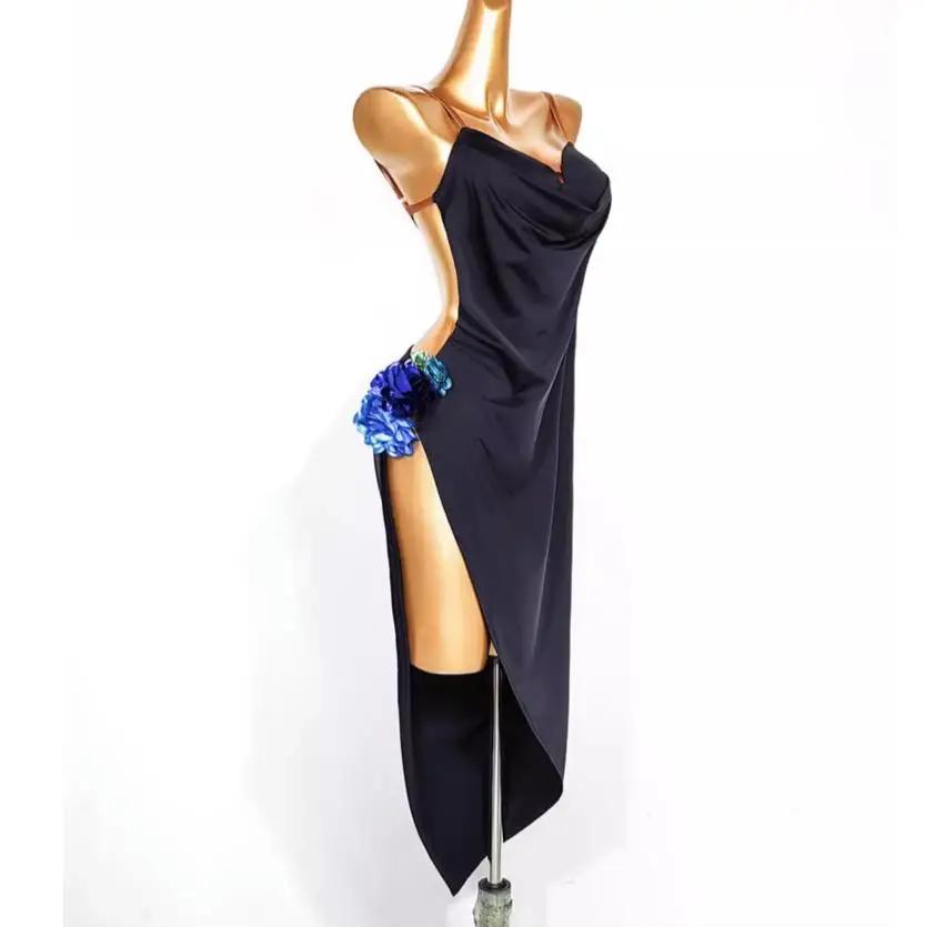 Robe de danse latine évidée pour femme, épissage, performance, fête, fibre IQUE dex, Régions ba, salsa, costume de scène, nouveau, 2025