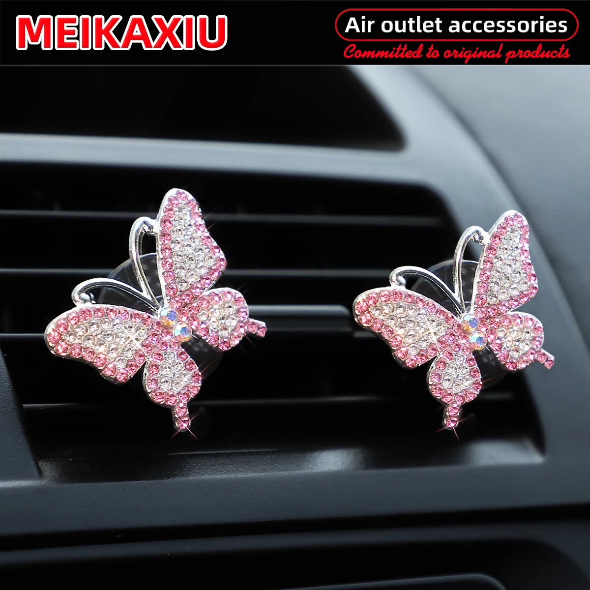 Two F Alloy Beautiful Butterfly Diamond-Encrusted Sparkling Car Air Outlet Decorations with Scented Pieces for Women
