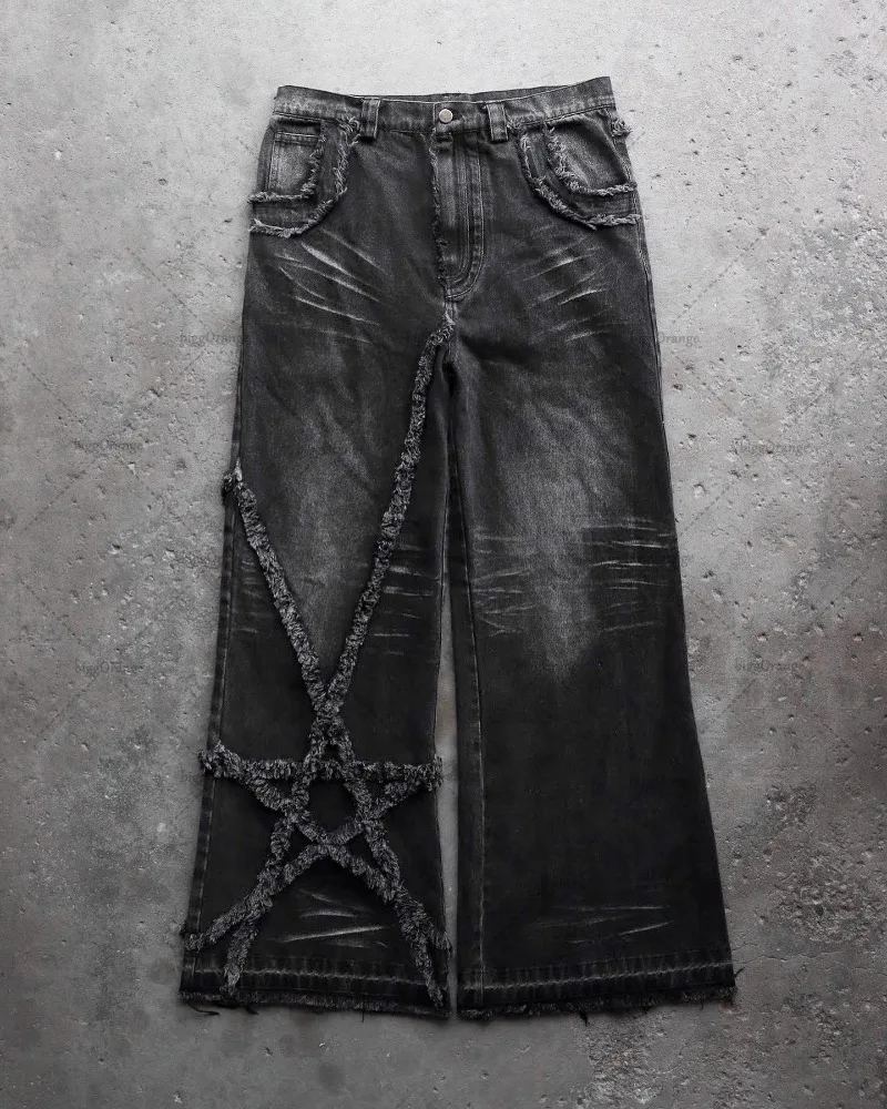 High Street retro stars furred jeans Men y2k Goth Harajuku fashion high-waisted baggy jeans casual straight leg wide-leg pants