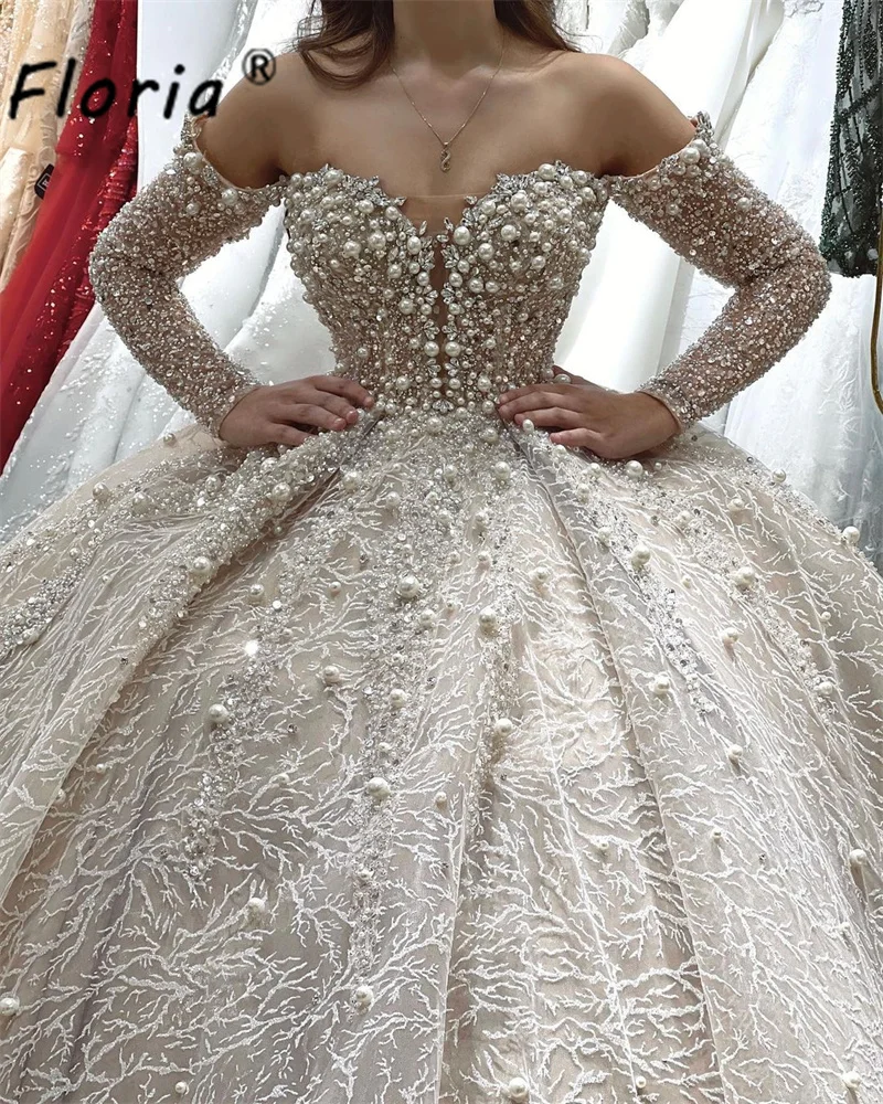 Vestido De Novia abito da sposa con perle di lusso Dubai Arabia Off spalla manica lunga abito da ballo in pizzo con perline abito da sposa Robe Mariee