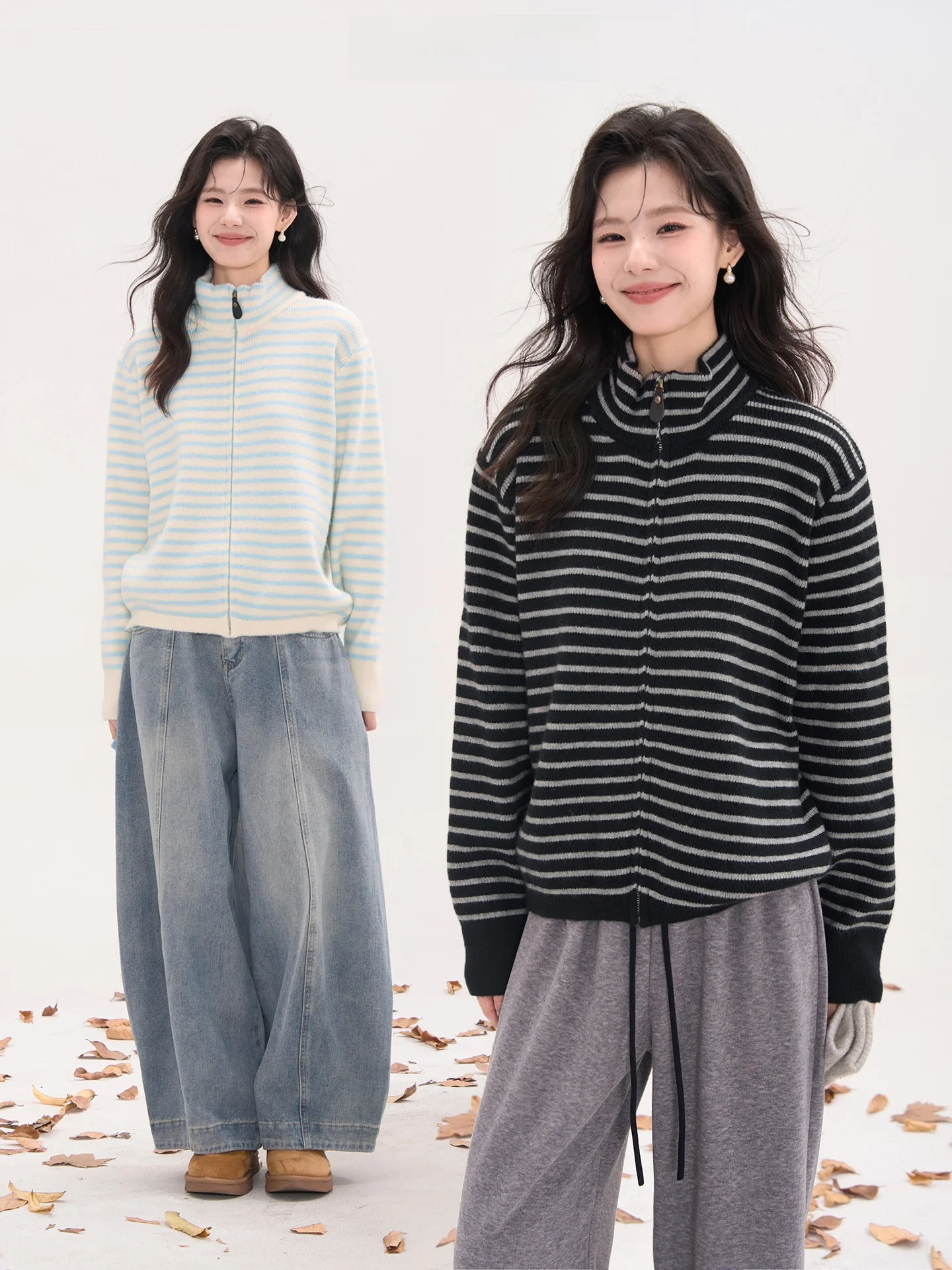 

Женский свитер Heme Autumn Zipper Knitted Casual Netie в полоску, модный повседневный свободный крой, с длинными рукавами